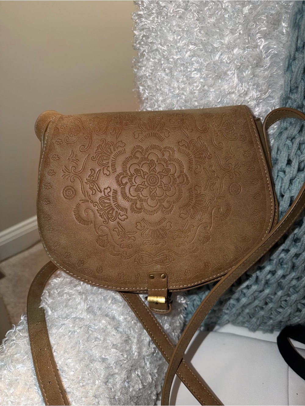 Tan Embossed Crossbody Saddle Bag - Classic Women's Shoulder Bag